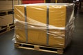 Cargo pallet wrapped in stretch wrap for shipping. Generative AI Royalty Free Stock Photo