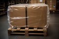Cargo pallet wrapped in stretch wrap for shipping. Generative AI Royalty Free Stock Photo