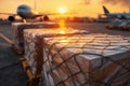 Cargo pallets secured with nets on the airport tarmac during golden hour with airplanes preparing for loading and unloading in the Royalty Free Stock Photo