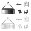 Cargo plane, cart for transportation, boxes, forklift, documents.Logistic,set collection icons in black,outline style Royalty Free Stock Photo