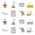 Cargo plane, cart for transportation, boxes, forklift, documents.Logistic,set collection icons in cartoon,monochrome Royalty Free Stock Photo