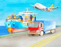 Watercolor container ship and truck stand on the pier nearby for illustrations in the logistics topic. Cargo transportation