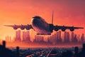 cargo plane flying over a city skyline at sunset Royalty Free Stock Photo