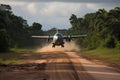 cargo plane landing on airstrip in the heart of the amazon