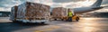 Cargo plane loading activity with pallets and unloading equipment at an airport tarmac during daylight hours Royalty Free Stock Photo