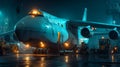 Cargo plane loading at night illuminated by vibrant neon lights Royalty Free Stock Photo