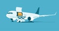 Cargo plane with open cargo hatch while loading container isolated. Vector illustration