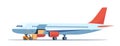 Cargo plane, side view. Cargo Transportation by Plane. Loading Luggage Compartment Aircraft. Loader preparing to load the boxes Royalty Free Stock Photo