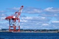 Cargo port of Halifax. Big cargo ship leaves harbor.
