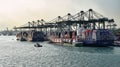 The cargo port of Singapore with docked container ships and container cranes