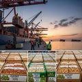 Cargo port at sunset, with cranes loading containers onto a ship Royalty Free Stock Photo