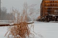 Cargo railroad industry in winter. Railway carriage transport still storage.