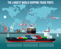 Cargo sea port with cargo freight ships & harbour port cranes also city, flying jet in the sky & world map on background infograph