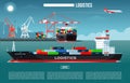 Cargo sea port with cargo freight ships & harbour port cranes also flying jet in the sky & city on background Royalty Free Stock Photo