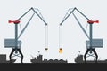 Cargo seaport with cranes and ships. Modern flat design style. Simple vector icons.