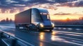 A cargo semi-truck drives down a highway during sunset, casting a long shadow on the road Royalty Free Stock Photo