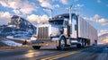 A cargo semi-truck maneuvers down a winding mountain road, navigating the steep incline with caution