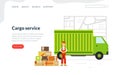 Cargo Service Landing Page Template, Delivery Truck with Cardboard Boxes and Male Courier, Fast Delivery Service Concept