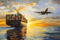 Cargo ship and airplane at sunset over ocean Royalty Free Stock Photo