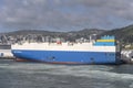 Cargo ship at Aotea quay embankment, Wellington, New Zealand