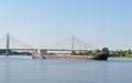 Cargo ship and cable-braced bridge Royalty Free Stock Photo