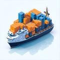 Cargo ship container in the ocean transportation, shipping freight transportation. illustration style. Cargo ship in ocean