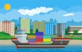 Cargo ship, containers, cityscape. Port logistics