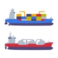 Cargo ship with containers and oil gas tanker flat vector illustration isolated on white flat vector illustration Royalty Free Stock Photo