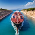 cargo ship in Corinth canal, AI generated Royalty Free Stock Photo