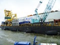 The cargo ship with the crane, the top view. Pipelaying barge. Royalty Free Stock Photo