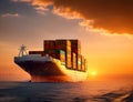 Cargo ship crossing ocean with sunset background.generative AI