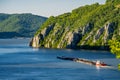 Cargo ship at Danube gorge in Djerdap on the Serbian-Romanian border