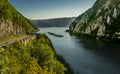 Cargo ship at Danube gorge in Djerdap on the Serbian-Romanian border Royalty Free Stock Photo