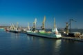 Cargo ship docked at international port, cranes load containers for global trade. Clear sky, calm sea reflect logistics Royalty Free Stock Photo