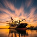 Cargo ship docked at sunset with streaking clouds Royalty Free Stock Photo