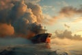 A cargo ship emerges from a misty sea at sunrise, with dense clouds reflecting the warm light, AI Generated.