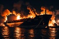 Cargo Ship Engulfed in Flames at the Seaport: Grain Scattered Amid the Explosion, Smoke Billowing in the Aftermath
