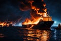 Cargo Ship Engulfed in Flames at the Seaport: Grain Scattered Amid the Explosion, Smoke Billowing in the Aftermath