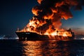 Cargo Ship Engulfed in Flames at the Seaport: Grain Scattered Amid the Explosion, Smoke Billowing in the Aftermath