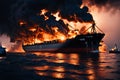 Cargo Ship Engulfed in Flames at the Seaport: Grain Scattered Amid the Explosion, Smoke Billowing in the Aftermath