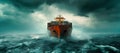 Cargo ship facing rough seas, dramatic maritime scene, resilient vessel against stormy ocean backdrop. AI