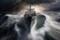 Cargo ship fighting with huge storm dangerous cyclone. Generative AI Royalty Free Stock Photo