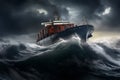 Cargo ship fighting with huge storm dangerous cyclone. Generative AI Royalty Free Stock Photo