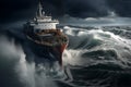 Cargo ship fighting with huge storm dangerous cyclone. Generative AI Royalty Free Stock Photo