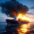 A cargo ship is on fire at sea. The danger of transportation due to the war in Ukraine Royalty Free Stock Photo