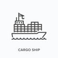 Cargo ship flat line icon. Vector outline illustration of container boat, sea tanker. Marine freight delivery thin Royalty Free Stock Photo