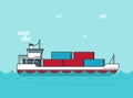 Cargo ship floating on ocean water vector illustration, flat cartoon big shipping freighter boat on sear waves carrying