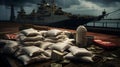 Cargo ship getting loaded with contraband products at a busy port. Royalty Free Stock Photo