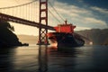 Cargo ship and the Golden Gate Bridge, San Francisco, California, USA, a cargo ship passing under a bridge, AI Generated Royalty Free Stock Photo