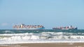 Cargo ship GUSTAV MAERSK entering while NYK RUMINA departs San Francisco Bay